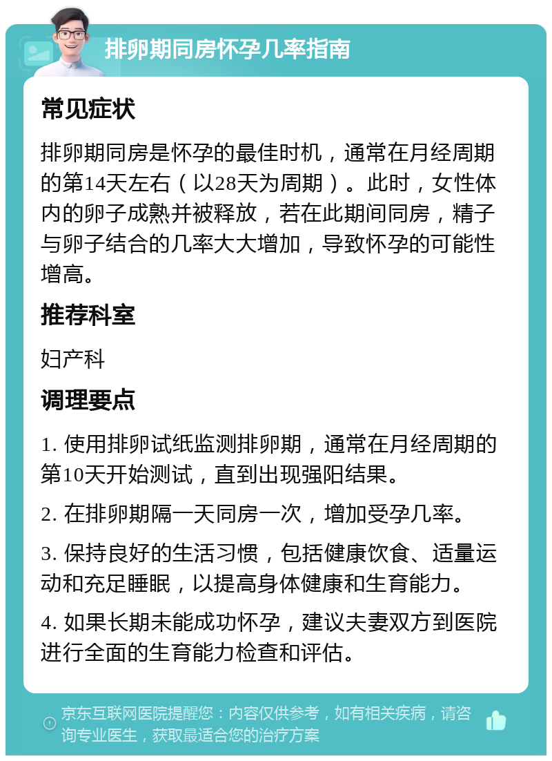 排卵期同房怀孕几率指南 常见症状 排卵期同房是怀孕的最佳时机，通常在月经周期的第14天左右（以28天为周期）。此时，女性体内的卵子成熟并被释放，若在此期间同房，精子与卵子结合的几率大大增加，导致怀孕的可能性增高。 推荐科室 妇产科 调理要点 1. 使用排卵试纸监测排卵期，通常在月经周期的第10天开始测试，直到出现强阳结果。 2. 在排卵期隔一天同房一次，增加受孕几率。 3. 保持良好的生活习惯，包括健康饮食、适量运动和充足睡眠，以提高身体健康和生育能力。 4. 如果长期未能成功怀孕，建议夫妻双方到医院进行全面的生育能力检查和评估。