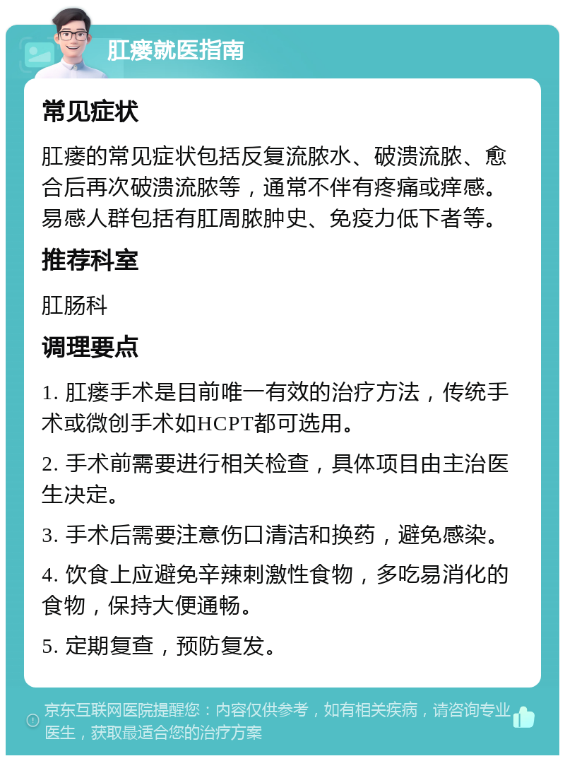 肛瘘就医指南 常见症状 肛瘘的常见症状包括反复流脓水、破溃流脓、愈合后再次破溃流脓等，通常不伴有疼痛或痒感。易感人群包括有肛周脓肿史、免疫力低下者等。 推荐科室 肛肠科 调理要点 1. 肛瘘手术是目前唯一有效的治疗方法，传统手术或微创手术如HCPT都可选用。 2. 手术前需要进行相关检查，具体项目由主治医生决定。 3. 手术后需要注意伤口清洁和换药，避免感染。 4. 饮食上应避免辛辣刺激性食物，多吃易消化的食物，保持大便通畅。 5. 定期复查，预防复发。