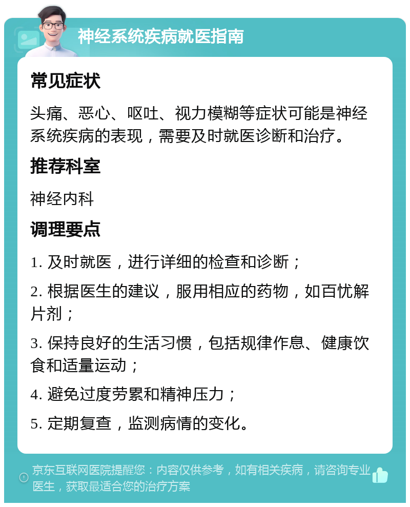 神经系统疾病就医指南 常见症状 头痛、恶心、呕吐、视力模糊等症状可能是神经系统疾病的表现，需要及时就医诊断和治疗。 推荐科室 神经内科 调理要点 1. 及时就医，进行详细的检查和诊断； 2. 根据医生的建议，服用相应的药物，如百忧解片剂； 3. 保持良好的生活习惯，包括规律作息、健康饮食和适量运动； 4. 避免过度劳累和精神压力； 5. 定期复查，监测病情的变化。