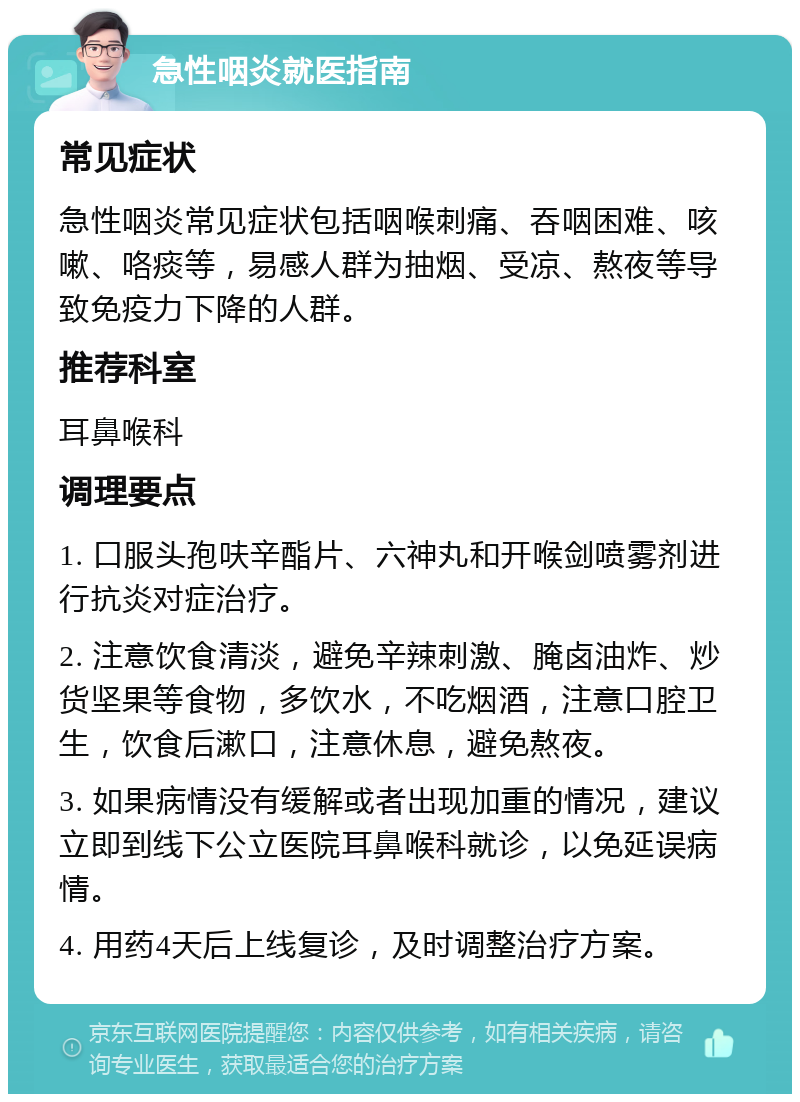 急性咽炎就医指南 常见症状 急性咽炎常见症状包括咽喉刺痛、吞咽困难、咳嗽、咯痰等，易感人群为抽烟、受凉、熬夜等导致免疫力下降的人群。 推荐科室 耳鼻喉科 调理要点 1. 口服头孢呋辛酯片、六神丸和开喉剑喷雾剂进行抗炎对症治疗。 2. 注意饮食清淡，避免辛辣刺激、腌卤油炸、炒货坚果等食物，多饮水，不吃烟酒，注意口腔卫生，饮食后漱口，注意休息，避免熬夜。 3. 如果病情没有缓解或者出现加重的情况，建议立即到线下公立医院耳鼻喉科就诊，以免延误病情。 4. 用药4天后上线复诊，及时调整治疗方案。