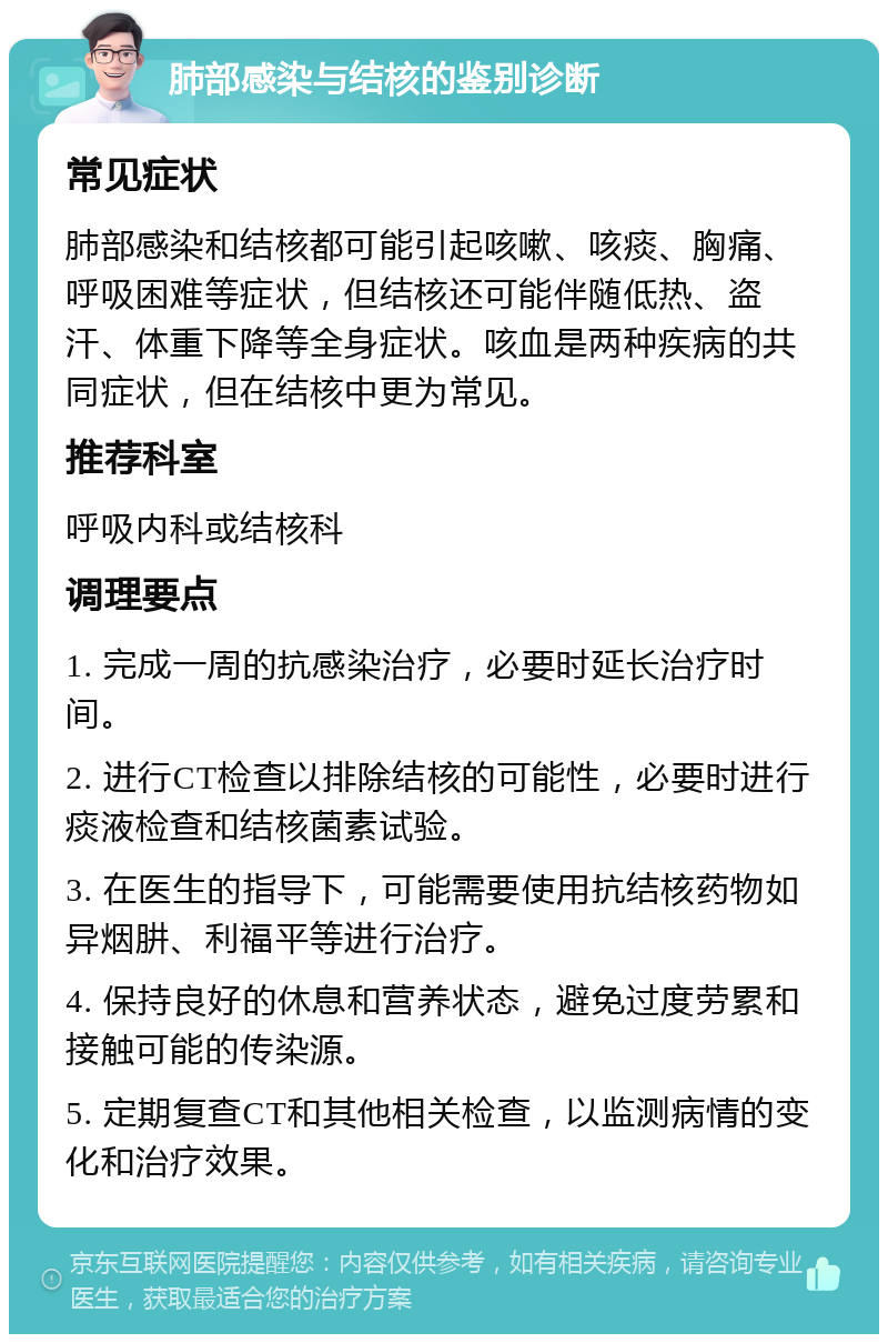 肺部感染与结核的鉴别诊断 常见症状 肺部感染和结核都可能引起咳嗽、咳痰、胸痛、呼吸困难等症状，但结核还可能伴随低热、盗汗、体重下降等全身症状。咳血是两种疾病的共同症状，但在结核中更为常见。 推荐科室 呼吸内科或结核科 调理要点 1. 完成一周的抗感染治疗，必要时延长治疗时间。 2. 进行CT检查以排除结核的可能性，必要时进行痰液检查和结核菌素试验。 3. 在医生的指导下，可能需要使用抗结核药物如异烟肼、利福平等进行治疗。 4. 保持良好的休息和营养状态，避免过度劳累和接触可能的传染源。 5. 定期复查CT和其他相关检查，以监测病情的变化和治疗效果。