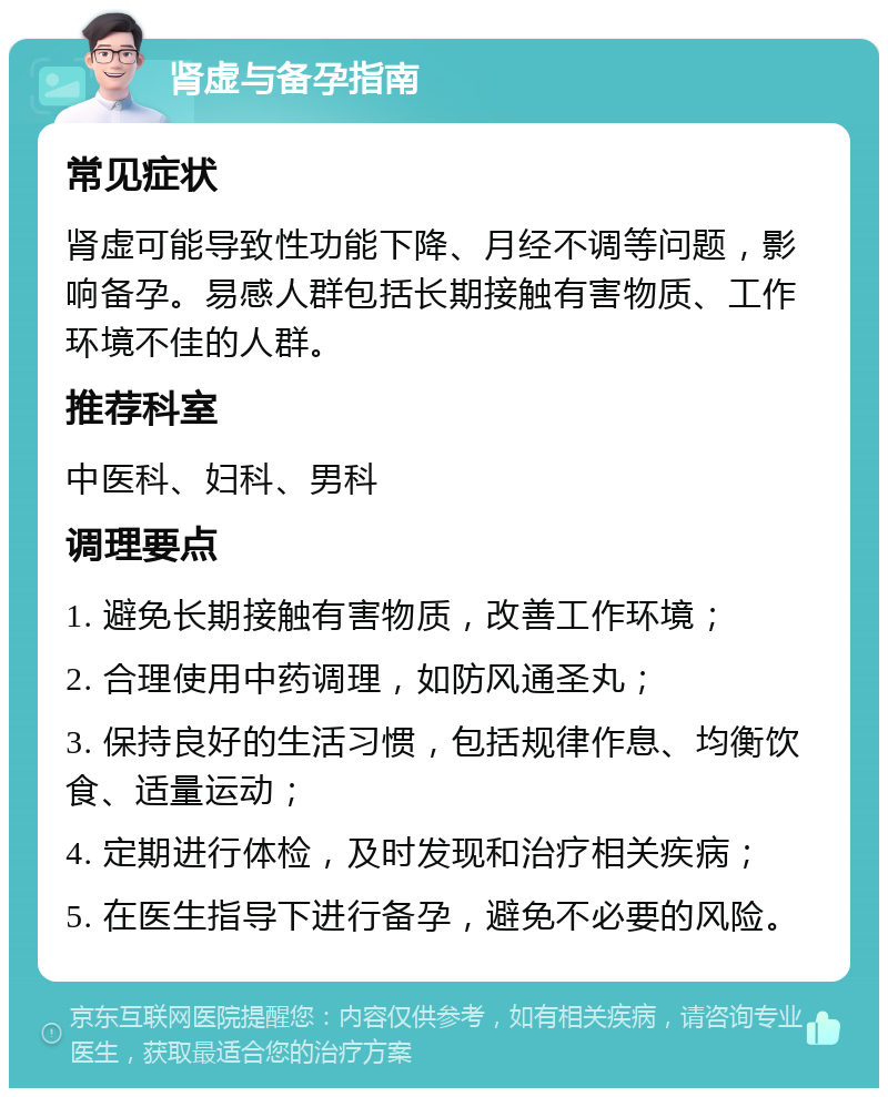 肾虚与备孕指南 常见症状 肾虚可能导致性功能下降、月经不调等问题，影响备孕。易感人群包括长期接触有害物质、工作环境不佳的人群。 推荐科室 中医科、妇科、男科 调理要点 1. 避免长期接触有害物质，改善工作环境； 2. 合理使用中药调理，如防风通圣丸； 3. 保持良好的生活习惯，包括规律作息、均衡饮食、适量运动； 4. 定期进行体检，及时发现和治疗相关疾病； 5. 在医生指导下进行备孕，避免不必要的风险。