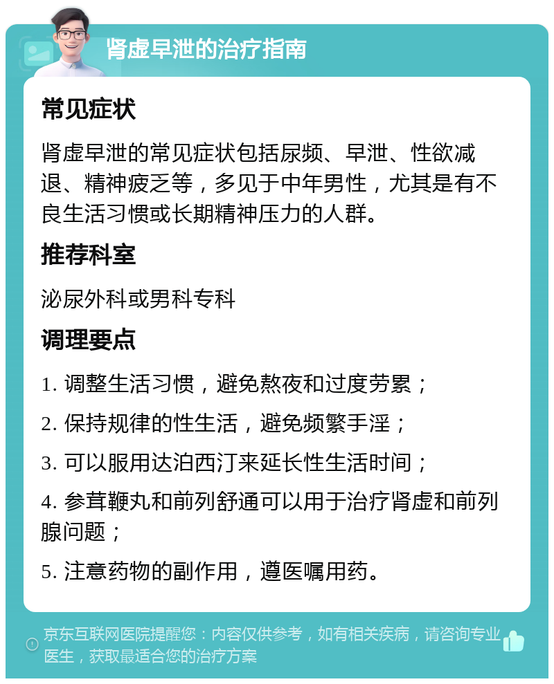 肾虚早泄的治疗指南 常见症状 肾虚早泄的常见症状包括尿频、早泄、性欲减退、精神疲乏等，多见于中年男性，尤其是有不良生活习惯或长期精神压力的人群。 推荐科室 泌尿外科或男科专科 调理要点 1. 调整生活习惯，避免熬夜和过度劳累； 2. 保持规律的性生活，避免频繁手淫； 3. 可以服用达泊西汀来延长性生活时间； 4. 参茸鞭丸和前列舒通可以用于治疗肾虚和前列腺问题； 5. 注意药物的副作用，遵医嘱用药。