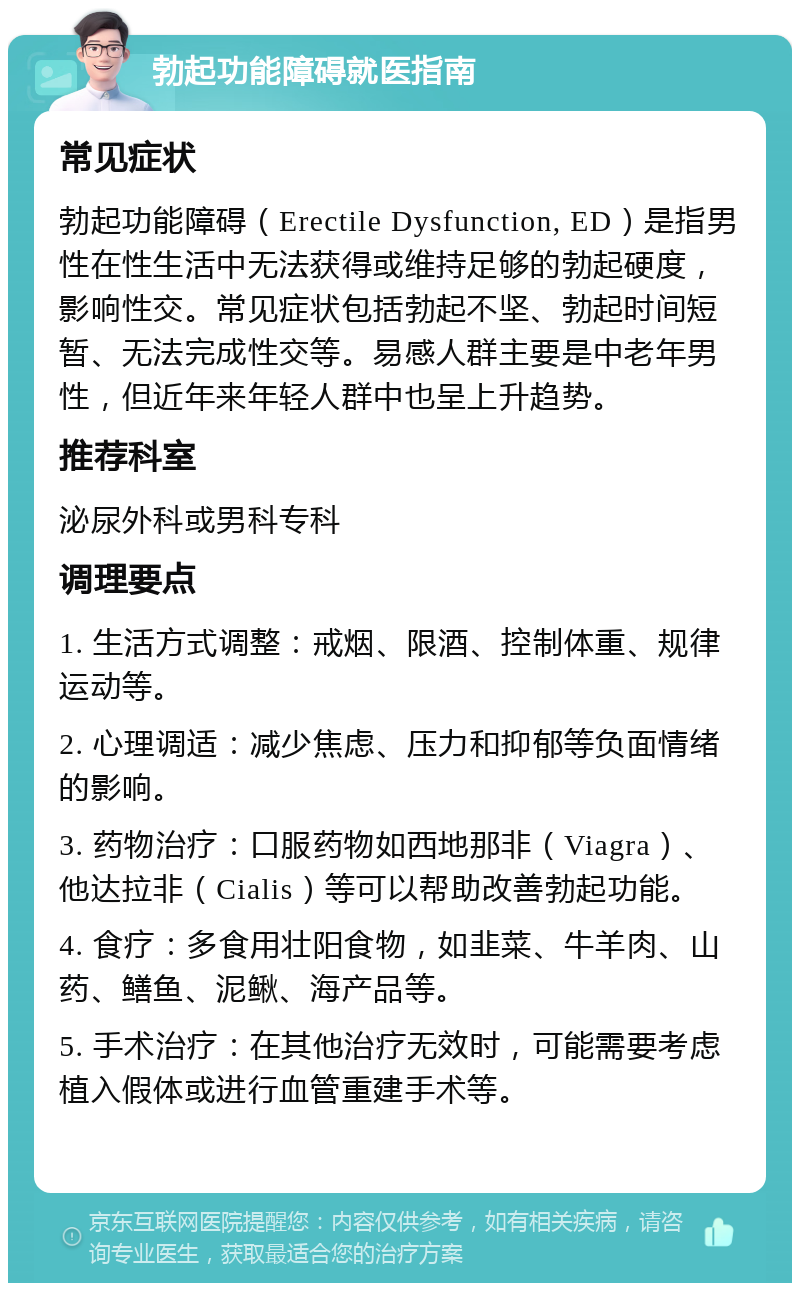 勃起功能障碍就医指南 常见症状 勃起功能障碍（Erectile Dysfunction, ED）是指男性在性生活中无法获得或维持足够的勃起硬度，影响性交。常见症状包括勃起不坚、勃起时间短暂、无法完成性交等。易感人群主要是中老年男性，但近年来年轻人群中也呈上升趋势。 推荐科室 泌尿外科或男科专科 调理要点 1. 生活方式调整：戒烟、限酒、控制体重、规律运动等。 2. 心理调适：减少焦虑、压力和抑郁等负面情绪的影响。 3. 药物治疗：口服药物如西地那非（Viagra）、他达拉非（Cialis）等可以帮助改善勃起功能。 4. 食疗：多食用壮阳食物，如韭菜、牛羊肉、山药、鳝鱼、泥鳅、海产品等。 5. 手术治疗：在其他治疗无效时，可能需要考虑植入假体或进行血管重建手术等。