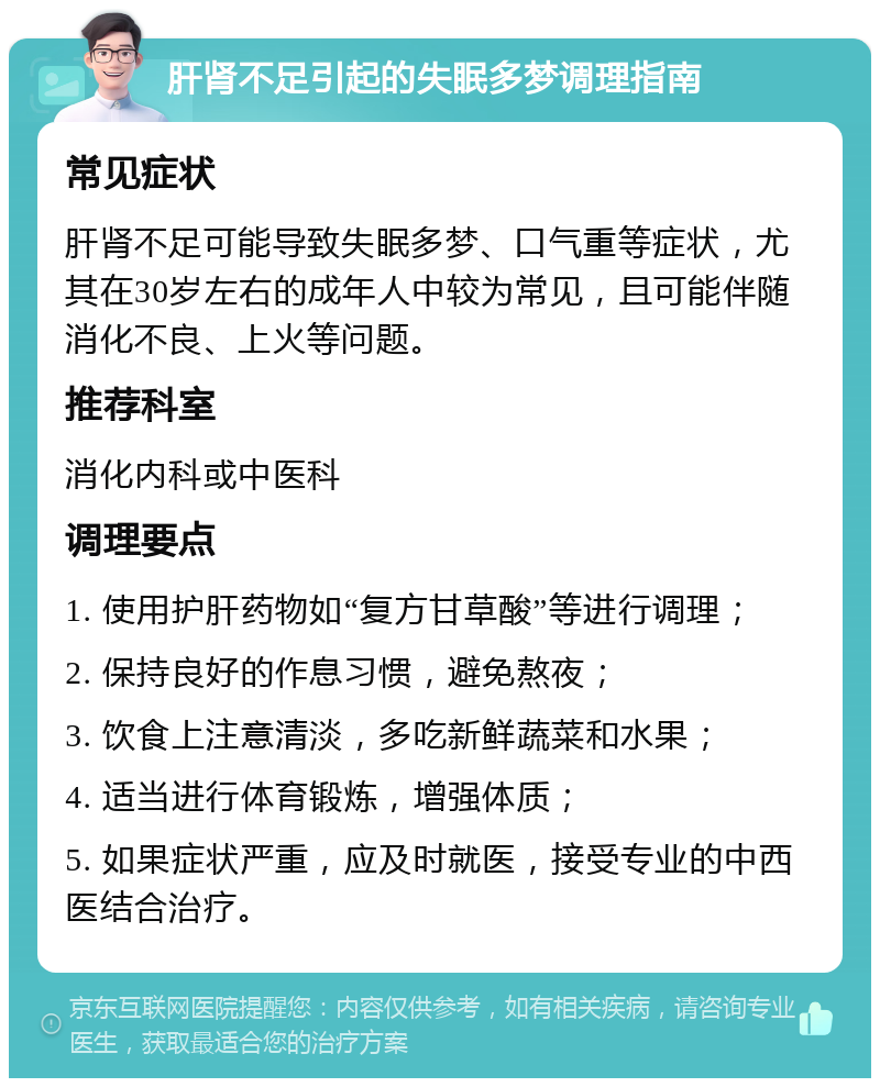 肝肾不足引起的失眠多梦调理指南 常见症状 肝肾不足可能导致失眠多梦、口气重等症状，尤其在30岁左右的成年人中较为常见，且可能伴随消化不良、上火等问题。 推荐科室 消化内科或中医科 调理要点 1. 使用护肝药物如“复方甘草酸”等进行调理； 2. 保持良好的作息习惯，避免熬夜； 3. 饮食上注意清淡，多吃新鲜蔬菜和水果； 4. 适当进行体育锻炼，增强体质； 5. 如果症状严重，应及时就医，接受专业的中西医结合治疗。