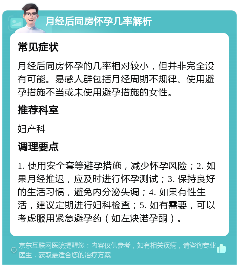 月经后同房怀孕几率解析 常见症状 月经后同房怀孕的几率相对较小，但并非完全没有可能。易感人群包括月经周期不规律、使用避孕措施不当或未使用避孕措施的女性。 推荐科室 妇产科 调理要点 1. 使用安全套等避孕措施，减少怀孕风险；2. 如果月经推迟，应及时进行怀孕测试；3. 保持良好的生活习惯，避免内分泌失调；4. 如果有性生活，建议定期进行妇科检查；5. 如有需要，可以考虑服用紧急避孕药（如左炔诺孕酮）。