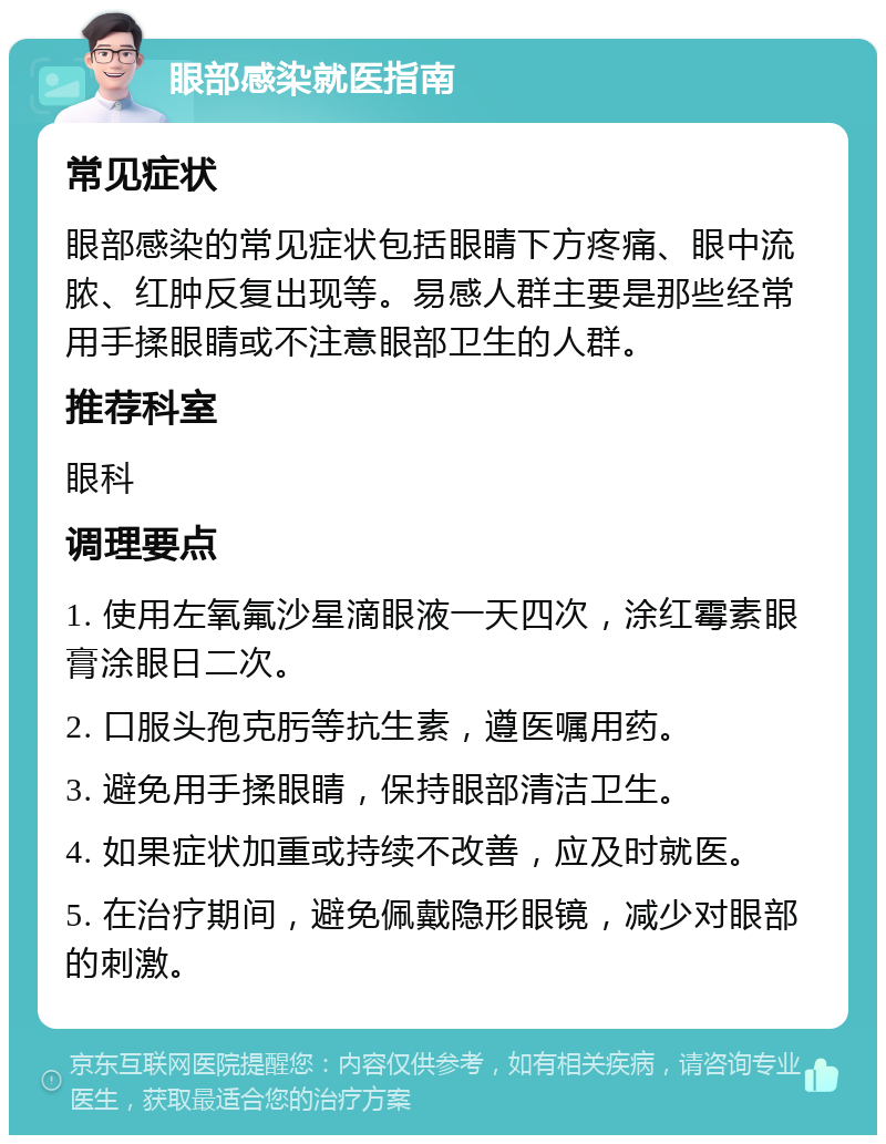 眼部感染就医指南 常见症状 眼部感染的常见症状包括眼睛下方疼痛、眼中流脓、红肿反复出现等。易感人群主要是那些经常用手揉眼睛或不注意眼部卫生的人群。 推荐科室 眼科 调理要点 1. 使用左氧氟沙星滴眼液一天四次，涂红霉素眼膏涂眼日二次。 2. 口服头孢克肟等抗生素，遵医嘱用药。 3. 避免用手揉眼睛，保持眼部清洁卫生。 4. 如果症状加重或持续不改善，应及时就医。 5. 在治疗期间，避免佩戴隐形眼镜，减少对眼部的刺激。