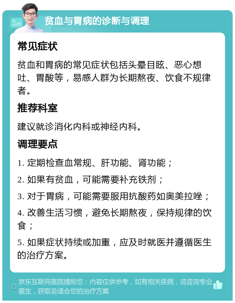 贫血与胃病的诊断与调理 常见症状 贫血和胃病的常见症状包括头晕目眩、恶心想吐、胃酸等，易感人群为长期熬夜、饮食不规律者。 推荐科室 建议就诊消化内科或神经内科。 调理要点 1. 定期检查血常规、肝功能、肾功能； 2. 如果有贫血，可能需要补充铁剂； 3. 对于胃病，可能需要服用抗酸药如奥美拉唑； 4. 改善生活习惯，避免长期熬夜，保持规律的饮食； 5. 如果症状持续或加重，应及时就医并遵循医生的治疗方案。