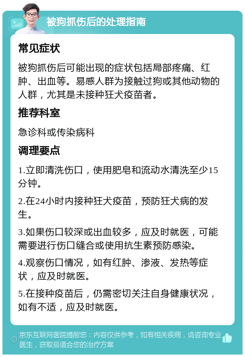 被狗抓伤后的处理指南 常见症状 被狗抓伤后可能出现的症状包括局部疼痛、红肿、出血等。易感人群为接触过狗或其他动物的人群，尤其是未接种狂犬疫苗者。 推荐科室 急诊科或传染病科 调理要点 1.立即清洗伤口，使用肥皂和流动水清洗至少15分钟。 2.在24小时内接种狂犬疫苗，预防狂犬病的发生。 3.如果伤口较深或出血较多，应及时就医，可能需要进行伤口缝合或使用抗生素预防感染。 4.观察伤口情况，如有红肿、渗液、发热等症状，应及时就医。 5.在接种疫苗后，仍需密切关注自身健康状况，如有不适，应及时就医。