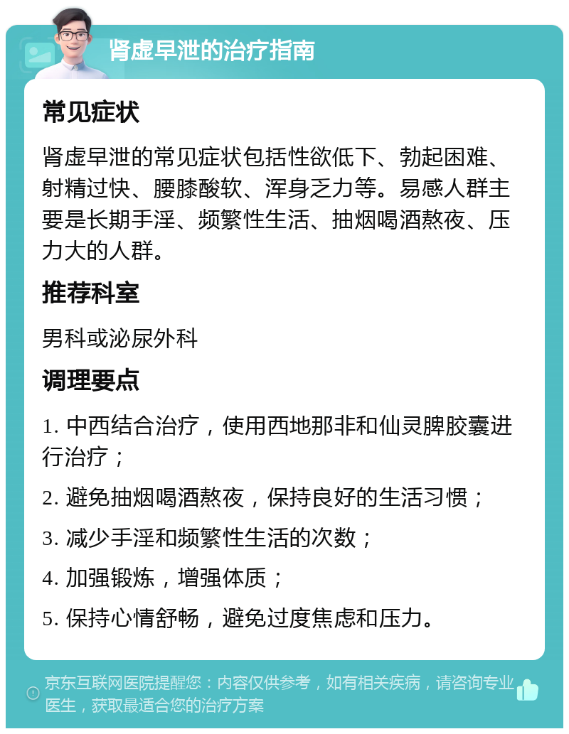 肾虚早泄的治疗指南 常见症状 肾虚早泄的常见症状包括性欲低下、勃起困难、射精过快、腰膝酸软、浑身乏力等。易感人群主要是长期手淫、频繁性生活、抽烟喝酒熬夜、压力大的人群。 推荐科室 男科或泌尿外科 调理要点 1. 中西结合治疗，使用西地那非和仙灵脾胶囊进行治疗； 2. 避免抽烟喝酒熬夜，保持良好的生活习惯； 3. 减少手淫和频繁性生活的次数； 4. 加强锻炼，增强体质； 5. 保持心情舒畅，避免过度焦虑和压力。