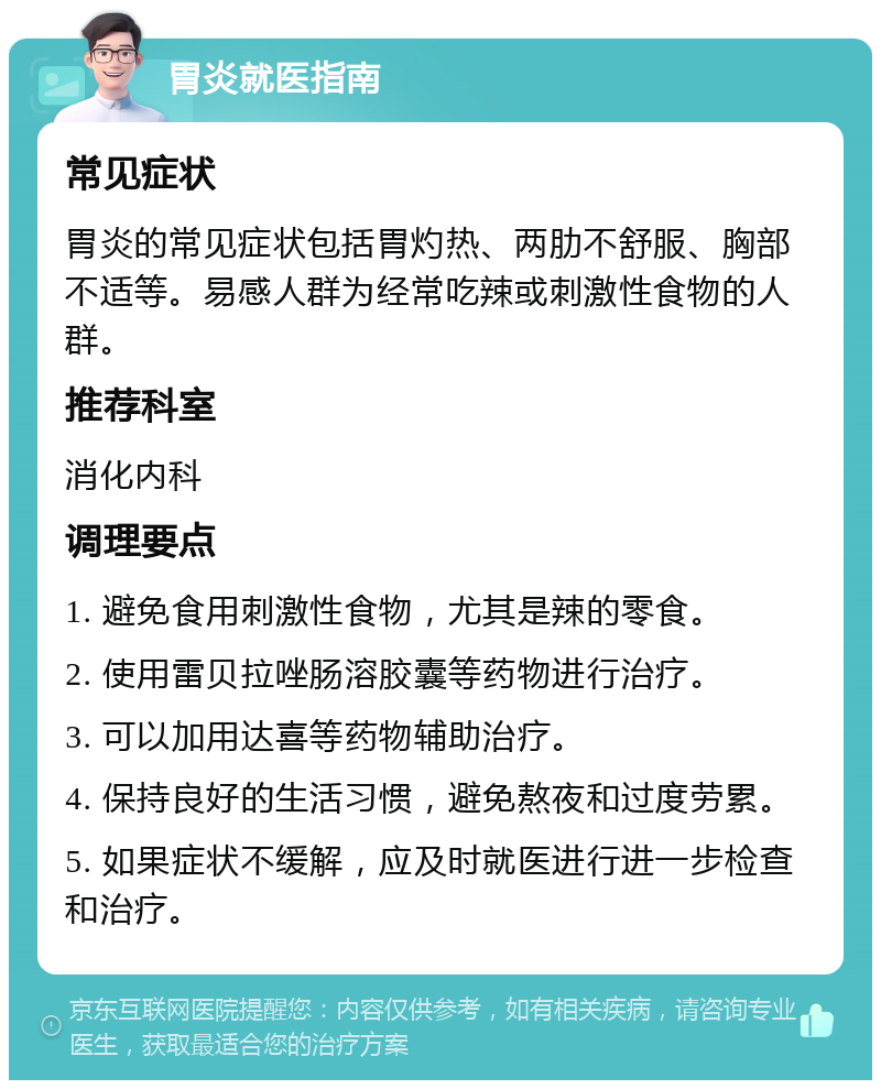 胃炎就医指南 常见症状 胃炎的常见症状包括胃灼热、两肋不舒服、胸部不适等。易感人群为经常吃辣或刺激性食物的人群。 推荐科室 消化内科 调理要点 1. 避免食用刺激性食物，尤其是辣的零食。 2. 使用雷贝拉唑肠溶胶囊等药物进行治疗。 3. 可以加用达喜等药物辅助治疗。 4. 保持良好的生活习惯，避免熬夜和过度劳累。 5. 如果症状不缓解，应及时就医进行进一步检查和治疗。