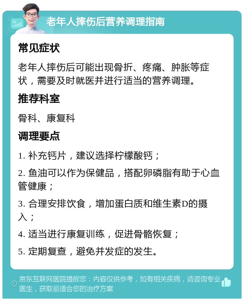 老年人摔伤后营养调理指南 常见症状 老年人摔伤后可能出现骨折、疼痛、肿胀等症状，需要及时就医并进行适当的营养调理。 推荐科室 骨科、康复科 调理要点 1. 补充钙片，建议选择柠檬酸钙； 2. 鱼油可以作为保健品，搭配卵磷脂有助于心血管健康； 3. 合理安排饮食，增加蛋白质和维生素D的摄入； 4. 适当进行康复训练，促进骨骼恢复； 5. 定期复查，避免并发症的发生。