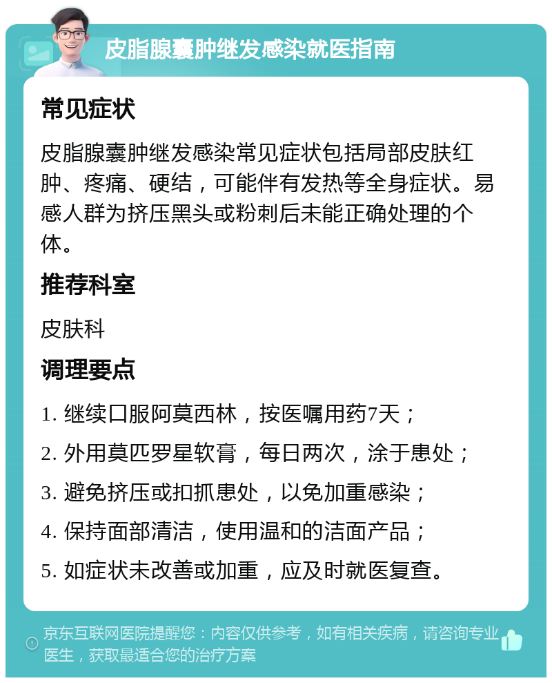 皮脂腺囊肿继发感染就医指南 常见症状 皮脂腺囊肿继发感染常见症状包括局部皮肤红肿、疼痛、硬结，可能伴有发热等全身症状。易感人群为挤压黑头或粉刺后未能正确处理的个体。 推荐科室 皮肤科 调理要点 1. 继续口服阿莫西林，按医嘱用药7天； 2. 外用莫匹罗星软膏，每日两次，涂于患处； 3. 避免挤压或扣抓患处，以免加重感染； 4. 保持面部清洁，使用温和的洁面产品； 5. 如症状未改善或加重，应及时就医复查。