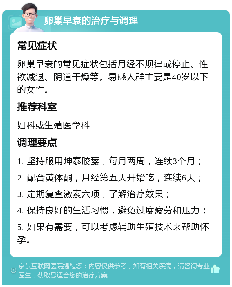 卵巢早衰的治疗与调理 常见症状 卵巢早衰的常见症状包括月经不规律或停止、性欲减退、阴道干燥等。易感人群主要是40岁以下的女性。 推荐科室 妇科或生殖医学科 调理要点 1. 坚持服用坤泰胶囊，每月两周，连续3个月； 2. 配合黄体酮，月经第五天开始吃，连续6天； 3. 定期复查激素六项，了解治疗效果； 4. 保持良好的生活习惯，避免过度疲劳和压力； 5. 如果有需要，可以考虑辅助生殖技术来帮助怀孕。