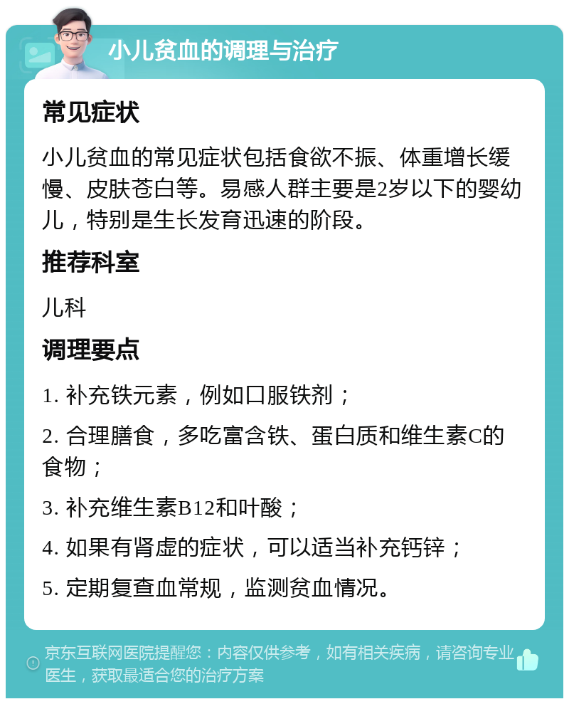 小儿贫血的调理与治疗 常见症状 小儿贫血的常见症状包括食欲不振、体重增长缓慢、皮肤苍白等。易感人群主要是2岁以下的婴幼儿，特别是生长发育迅速的阶段。 推荐科室 儿科 调理要点 1. 补充铁元素，例如口服铁剂； 2. 合理膳食，多吃富含铁、蛋白质和维生素C的食物； 3. 补充维生素B12和叶酸； 4. 如果有肾虚的症状，可以适当补充钙锌； 5. 定期复查血常规，监测贫血情况。