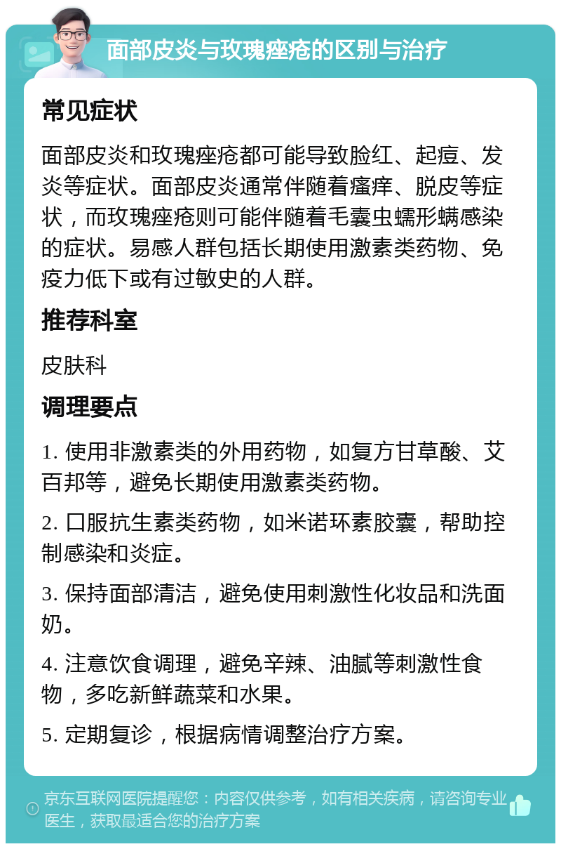 面部皮炎与玫瑰痤疮的区别与治疗 常见症状 面部皮炎和玫瑰痤疮都可能导致脸红、起痘、发炎等症状。面部皮炎通常伴随着瘙痒、脱皮等症状，而玫瑰痤疮则可能伴随着毛囊虫蠕形螨感染的症状。易感人群包括长期使用激素类药物、免疫力低下或有过敏史的人群。 推荐科室 皮肤科 调理要点 1. 使用非激素类的外用药物，如复方甘草酸、艾百邦等，避免长期使用激素类药物。 2. 口服抗生素类药物，如米诺环素胶囊，帮助控制感染和炎症。 3. 保持面部清洁，避免使用刺激性化妆品和洗面奶。 4. 注意饮食调理，避免辛辣、油腻等刺激性食物，多吃新鲜蔬菜和水果。 5. 定期复诊，根据病情调整治疗方案。