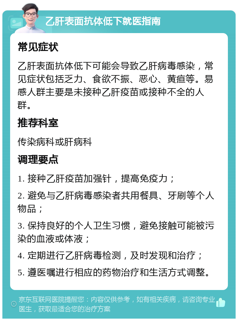 乙肝表面抗体低下就医指南 常见症状 乙肝表面抗体低下可能会导致乙肝病毒感染，常见症状包括乏力、食欲不振、恶心、黄疸等。易感人群主要是未接种乙肝疫苗或接种不全的人群。 推荐科室 传染病科或肝病科 调理要点 1. 接种乙肝疫苗加强针，提高免疫力； 2. 避免与乙肝病毒感染者共用餐具、牙刷等个人物品； 3. 保持良好的个人卫生习惯，避免接触可能被污染的血液或体液； 4. 定期进行乙肝病毒检测，及时发现和治疗； 5. 遵医嘱进行相应的药物治疗和生活方式调整。