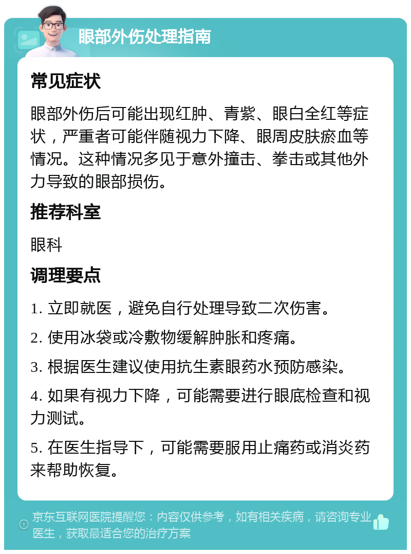 眼部外伤处理指南 常见症状 眼部外伤后可能出现红肿、青紫、眼白全红等症状，严重者可能伴随视力下降、眼周皮肤瘀血等情况。这种情况多见于意外撞击、拳击或其他外力导致的眼部损伤。 推荐科室 眼科 调理要点 1. 立即就医，避免自行处理导致二次伤害。 2. 使用冰袋或冷敷物缓解肿胀和疼痛。 3. 根据医生建议使用抗生素眼药水预防感染。 4. 如果有视力下降，可能需要进行眼底检查和视力测试。 5. 在医生指导下，可能需要服用止痛药或消炎药来帮助恢复。