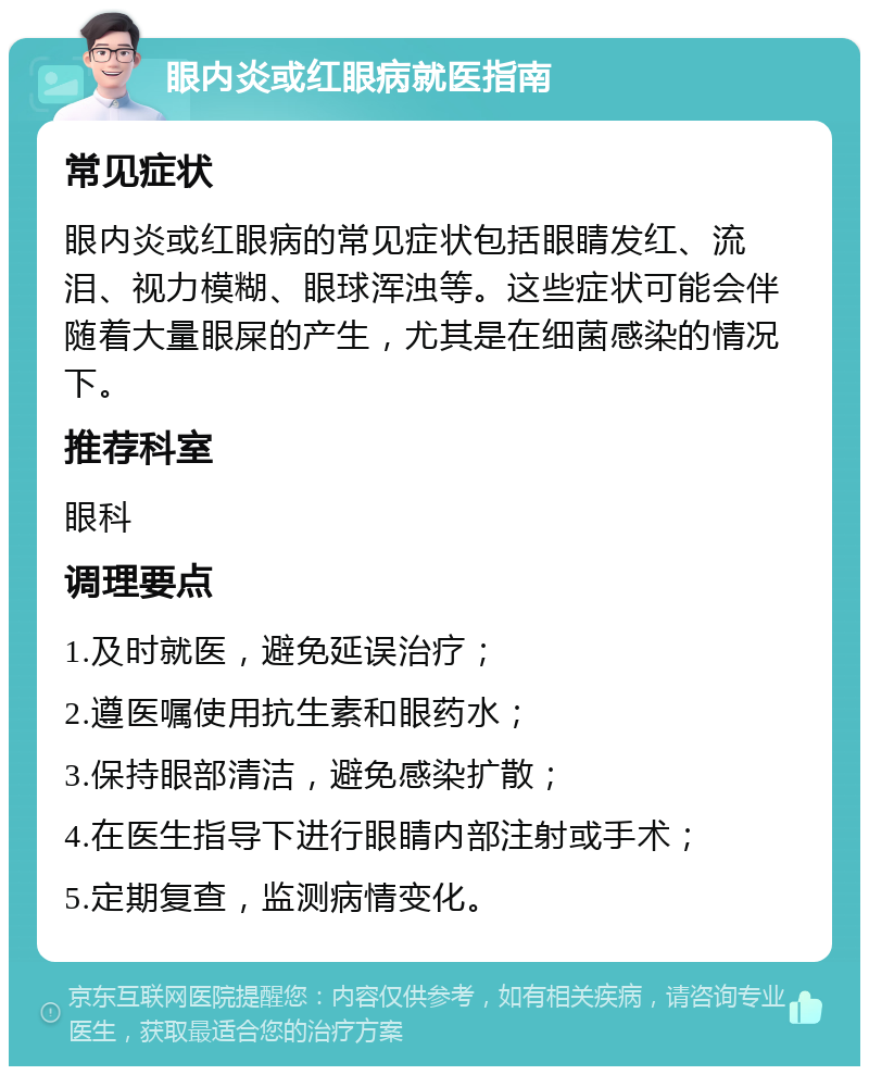 眼内炎或红眼病就医指南 常见症状 眼内炎或红眼病的常见症状包括眼睛发红、流泪、视力模糊、眼球浑浊等。这些症状可能会伴随着大量眼屎的产生，尤其是在细菌感染的情况下。 推荐科室 眼科 调理要点 1.及时就医，避免延误治疗； 2.遵医嘱使用抗生素和眼药水； 3.保持眼部清洁，避免感染扩散； 4.在医生指导下进行眼睛内部注射或手术； 5.定期复查，监测病情变化。