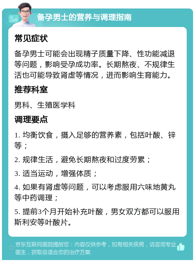 备孕男士的营养与调理指南 常见症状 备孕男士可能会出现精子质量下降、性功能减退等问题，影响受孕成功率。长期熬夜、不规律生活也可能导致肾虚等情况，进而影响生育能力。 推荐科室 男科、生殖医学科 调理要点 1. 均衡饮食，摄入足够的营养素，包括叶酸、锌等； 2. 规律生活，避免长期熬夜和过度劳累； 3. 适当运动，增强体质； 4. 如果有肾虚等问题，可以考虑服用六味地黄丸等中药调理； 5. 提前3个月开始补充叶酸，男女双方都可以服用斯利安等叶酸片。