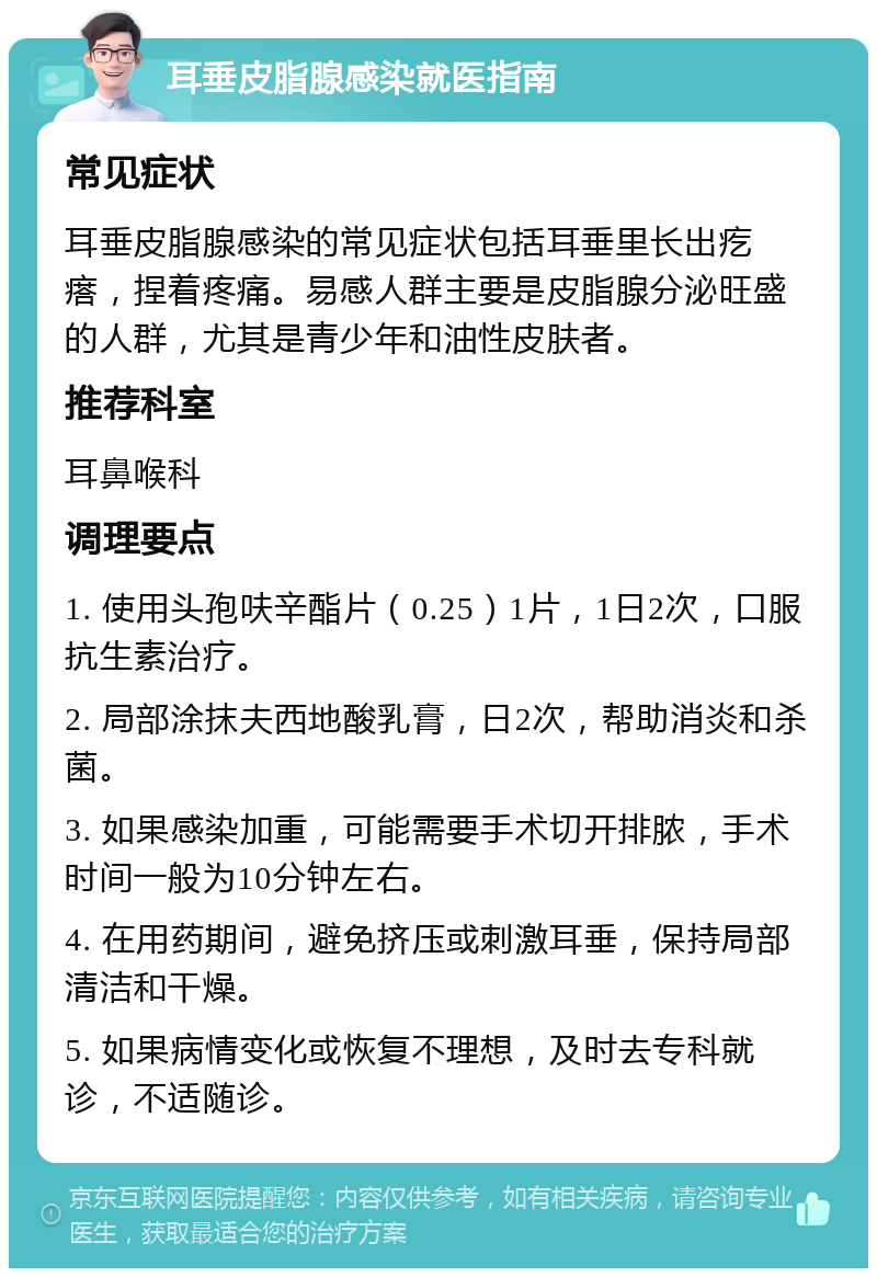 耳垂皮脂腺感染就医指南 常见症状 耳垂皮脂腺感染的常见症状包括耳垂里长出疙瘩，捏着疼痛。易感人群主要是皮脂腺分泌旺盛的人群，尤其是青少年和油性皮肤者。 推荐科室 耳鼻喉科 调理要点 1. 使用头孢呋辛酯片（0.25）1片，1日2次，口服抗生素治疗。 2. 局部涂抹夫西地酸乳膏，日2次，帮助消炎和杀菌。 3. 如果感染加重，可能需要手术切开排脓，手术时间一般为10分钟左右。 4. 在用药期间，避免挤压或刺激耳垂，保持局部清洁和干燥。 5. 如果病情变化或恢复不理想，及时去专科就诊，不适随诊。