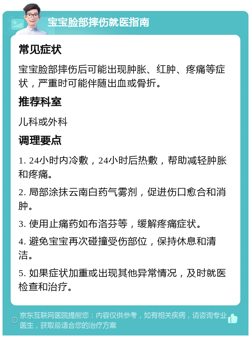 宝宝脸部摔伤就医指南 常见症状 宝宝脸部摔伤后可能出现肿胀、红肿、疼痛等症状，严重时可能伴随出血或骨折。 推荐科室 儿科或外科 调理要点 1. 24小时内冷敷，24小时后热敷，帮助减轻肿胀和疼痛。 2. 局部涂抹云南白药气雾剂，促进伤口愈合和消肿。 3. 使用止痛药如布洛芬等，缓解疼痛症状。 4. 避免宝宝再次碰撞受伤部位，保持休息和清洁。 5. 如果症状加重或出现其他异常情况，及时就医检查和治疗。