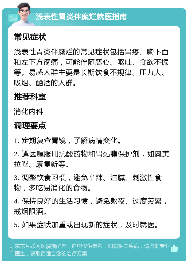 浅表性胃炎伴糜烂就医指南 常见症状 浅表性胃炎伴糜烂的常见症状包括胃疼、胸下面和左下方疼痛，可能伴随恶心、呕吐、食欲不振等。易感人群主要是长期饮食不规律、压力大、吸烟、酗酒的人群。 推荐科室 消化内科 调理要点 1. 定期复查胃镜，了解病情变化。 2. 遵医嘱服用抗酸药物和胃黏膜保护剂，如奥美拉唑、康复新等。 3. 调整饮食习惯，避免辛辣、油腻、刺激性食物，多吃易消化的食物。 4. 保持良好的生活习惯，避免熬夜、过度劳累，戒烟限酒。 5. 如果症状加重或出现新的症状，及时就医。