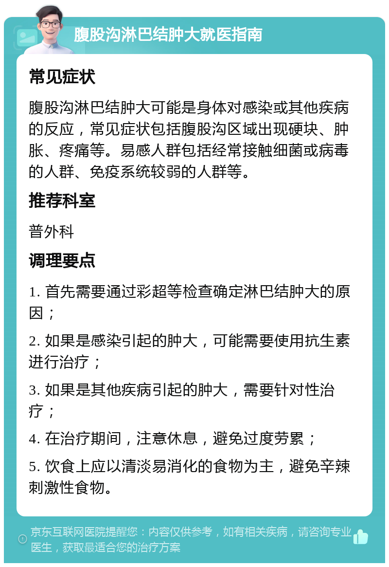 腹股沟淋巴结肿大就医指南 常见症状 腹股沟淋巴结肿大可能是身体对感染或其他疾病的反应，常见症状包括腹股沟区域出现硬块、肿胀、疼痛等。易感人群包括经常接触细菌或病毒的人群、免疫系统较弱的人群等。 推荐科室 普外科 调理要点 1. 首先需要通过彩超等检查确定淋巴结肿大的原因； 2. 如果是感染引起的肿大，可能需要使用抗生素进行治疗； 3. 如果是其他疾病引起的肿大，需要针对性治疗； 4. 在治疗期间，注意休息，避免过度劳累； 5. 饮食上应以清淡易消化的食物为主，避免辛辣刺激性食物。