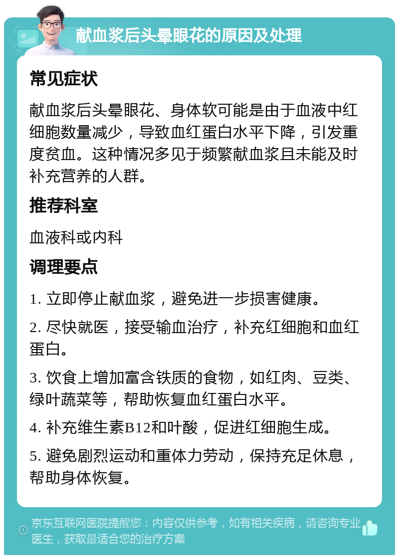 献血浆后头晕眼花的原因及处理 常见症状 献血浆后头晕眼花、身体软可能是由于血液中红细胞数量减少，导致血红蛋白水平下降，引发重度贫血。这种情况多见于频繁献血浆且未能及时补充营养的人群。 推荐科室 血液科或内科 调理要点 1. 立即停止献血浆，避免进一步损害健康。 2. 尽快就医，接受输血治疗，补充红细胞和血红蛋白。 3. 饮食上增加富含铁质的食物，如红肉、豆类、绿叶蔬菜等，帮助恢复血红蛋白水平。 4. 补充维生素B12和叶酸，促进红细胞生成。 5. 避免剧烈运动和重体力劳动，保持充足休息，帮助身体恢复。