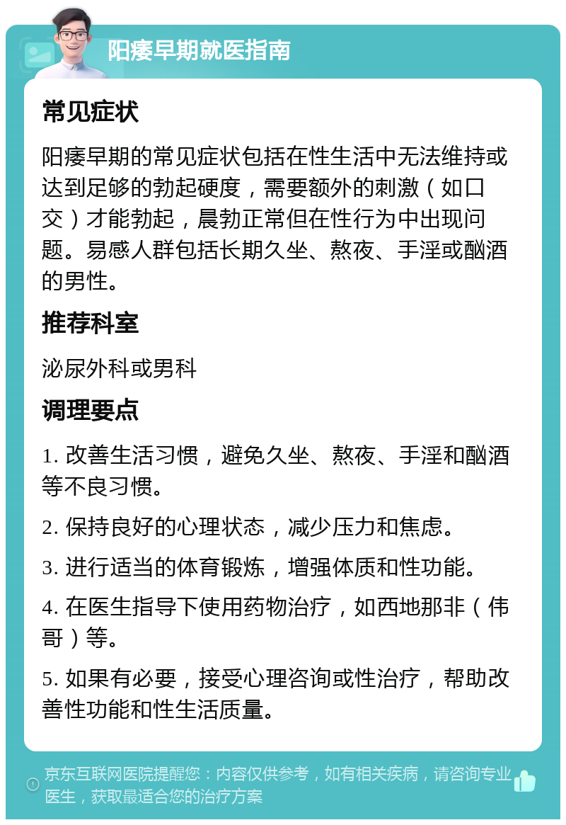 阳痿早期就医指南 常见症状 阳痿早期的常见症状包括在性生活中无法维持或达到足够的勃起硬度，需要额外的刺激（如口交）才能勃起，晨勃正常但在性行为中出现问题。易感人群包括长期久坐、熬夜、手淫或酗酒的男性。 推荐科室 泌尿外科或男科 调理要点 1. 改善生活习惯，避免久坐、熬夜、手淫和酗酒等不良习惯。 2. 保持良好的心理状态，减少压力和焦虑。 3. 进行适当的体育锻炼，增强体质和性功能。 4. 在医生指导下使用药物治疗，如西地那非（伟哥）等。 5. 如果有必要，接受心理咨询或性治疗，帮助改善性功能和性生活质量。