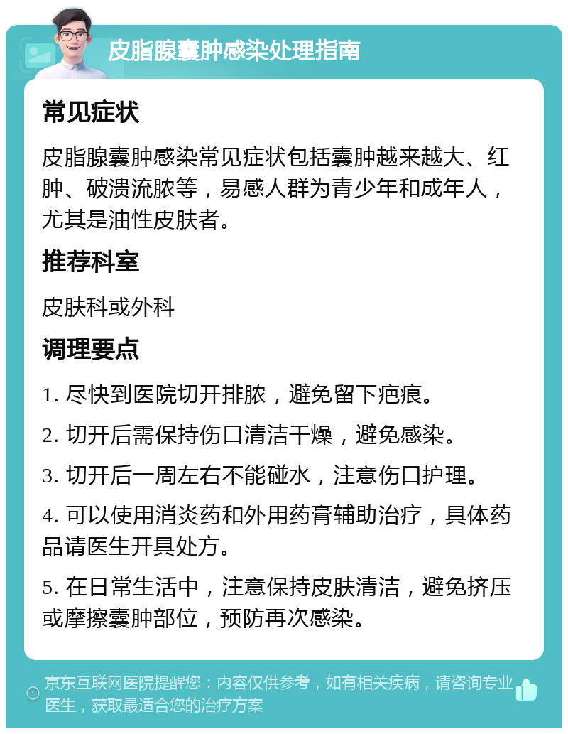 皮脂腺囊肿感染处理指南 常见症状 皮脂腺囊肿感染常见症状包括囊肿越来越大、红肿、破溃流脓等，易感人群为青少年和成年人，尤其是油性皮肤者。 推荐科室 皮肤科或外科 调理要点 1. 尽快到医院切开排脓，避免留下疤痕。 2. 切开后需保持伤口清洁干燥，避免感染。 3. 切开后一周左右不能碰水，注意伤口护理。 4. 可以使用消炎药和外用药膏辅助治疗，具体药品请医生开具处方。 5. 在日常生活中，注意保持皮肤清洁，避免挤压或摩擦囊肿部位，预防再次感染。