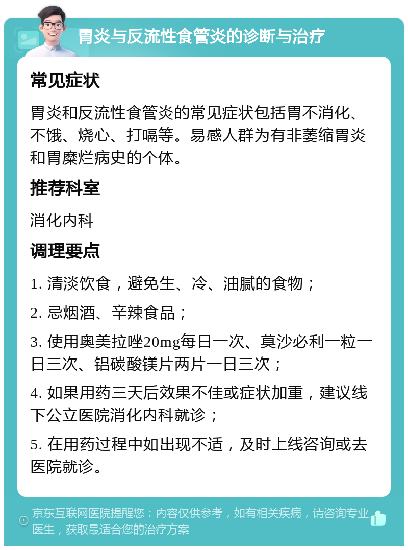 胃炎与反流性食管炎的诊断与治疗 常见症状 胃炎和反流性食管炎的常见症状包括胃不消化、不饿、烧心、打嗝等。易感人群为有非萎缩胃炎和胃糜烂病史的个体。 推荐科室 消化内科 调理要点 1. 清淡饮食，避免生、冷、油腻的食物； 2. 忌烟酒、辛辣食品； 3. 使用奥美拉唑20mg每日一次、莫沙必利一粒一日三次、铝碳酸镁片两片一日三次； 4. 如果用药三天后效果不佳或症状加重，建议线下公立医院消化内科就诊； 5. 在用药过程中如出现不适，及时上线咨询或去医院就诊。