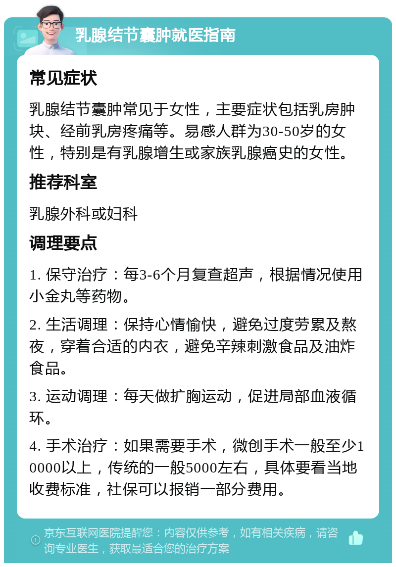 乳腺结节囊肿就医指南 常见症状 乳腺结节囊肿常见于女性，主要症状包括乳房肿块、经前乳房疼痛等。易感人群为30-50岁的女性，特别是有乳腺增生或家族乳腺癌史的女性。 推荐科室 乳腺外科或妇科 调理要点 1. 保守治疗：每3-6个月复查超声，根据情况使用小金丸等药物。 2. 生活调理：保持心情愉快，避免过度劳累及熬夜，穿着合适的内衣，避免辛辣刺激食品及油炸食品。 3. 运动调理：每天做扩胸运动，促进局部血液循环。 4. 手术治疗：如果需要手术，微创手术一般至少10000以上，传统的一般5000左右，具体要看当地收费标准，社保可以报销一部分费用。