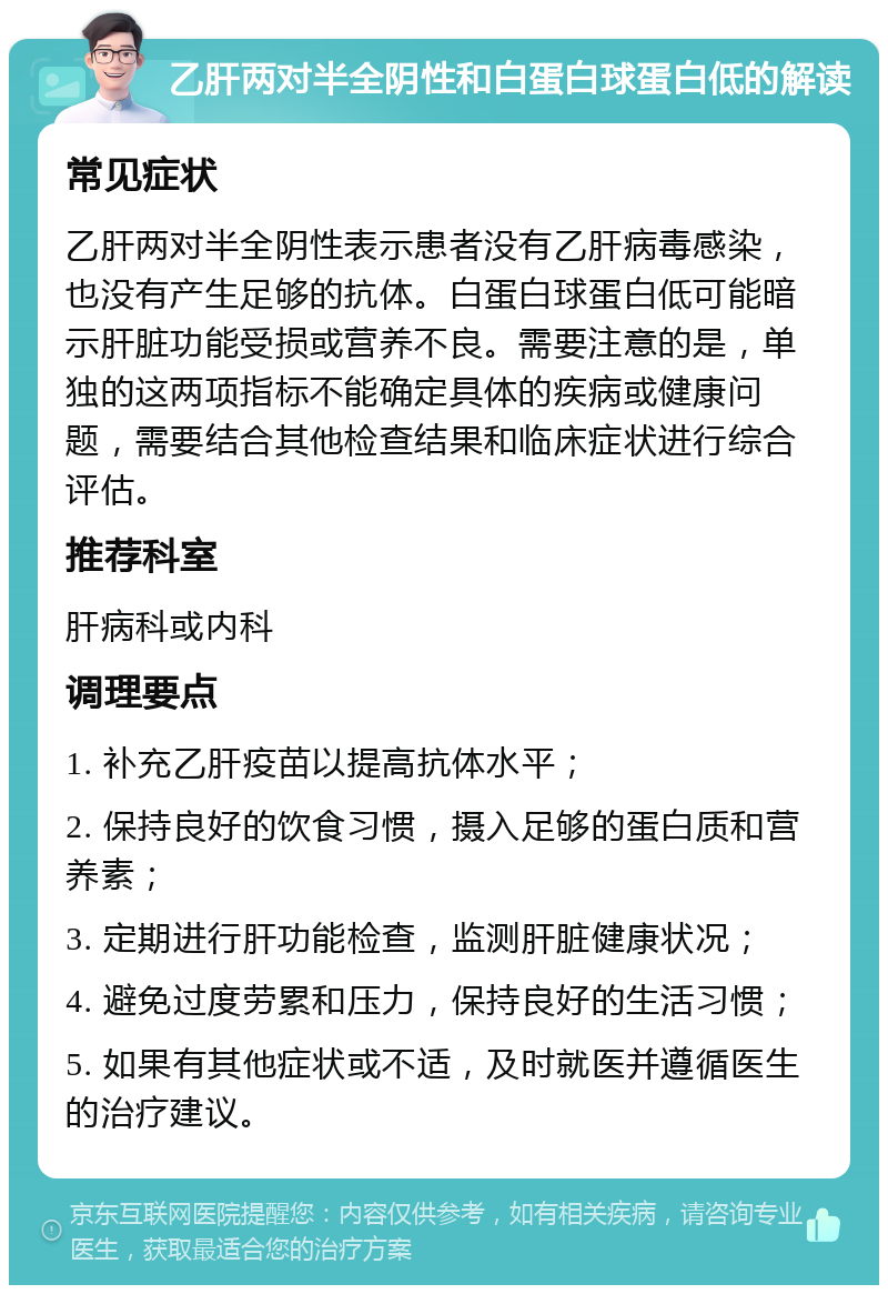 乙肝两对半全阴性和白蛋白球蛋白低的解读 常见症状 乙肝两对半全阴性表示患者没有乙肝病毒感染，也没有产生足够的抗体。白蛋白球蛋白低可能暗示肝脏功能受损或营养不良。需要注意的是，单独的这两项指标不能确定具体的疾病或健康问题，需要结合其他检查结果和临床症状进行综合评估。 推荐科室 肝病科或内科 调理要点 1. 补充乙肝疫苗以提高抗体水平； 2. 保持良好的饮食习惯，摄入足够的蛋白质和营养素； 3. 定期进行肝功能检查，监测肝脏健康状况； 4. 避免过度劳累和压力，保持良好的生活习惯； 5. 如果有其他症状或不适，及时就医并遵循医生的治疗建议。