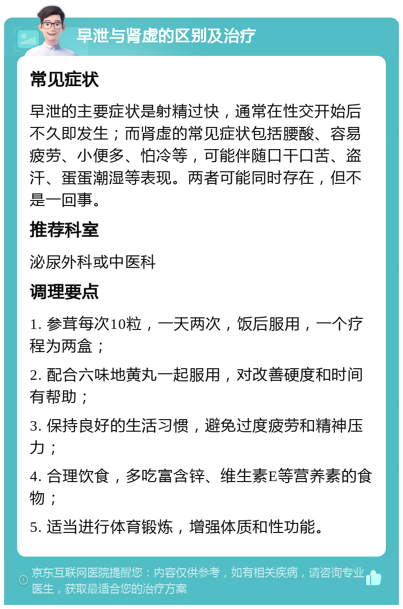 早泄与肾虚的区别及治疗 常见症状 早泄的主要症状是射精过快，通常在性交开始后不久即发生；而肾虚的常见症状包括腰酸、容易疲劳、小便多、怕冷等，可能伴随口干口苦、盗汗、蛋蛋潮湿等表现。两者可能同时存在，但不是一回事。 推荐科室 泌尿外科或中医科 调理要点 1. 参茸每次10粒，一天两次，饭后服用，一个疗程为两盒； 2. 配合六味地黄丸一起服用，对改善硬度和时间有帮助； 3. 保持良好的生活习惯，避免过度疲劳和精神压力； 4. 合理饮食，多吃富含锌、维生素E等营养素的食物； 5. 适当进行体育锻炼，增强体质和性功能。