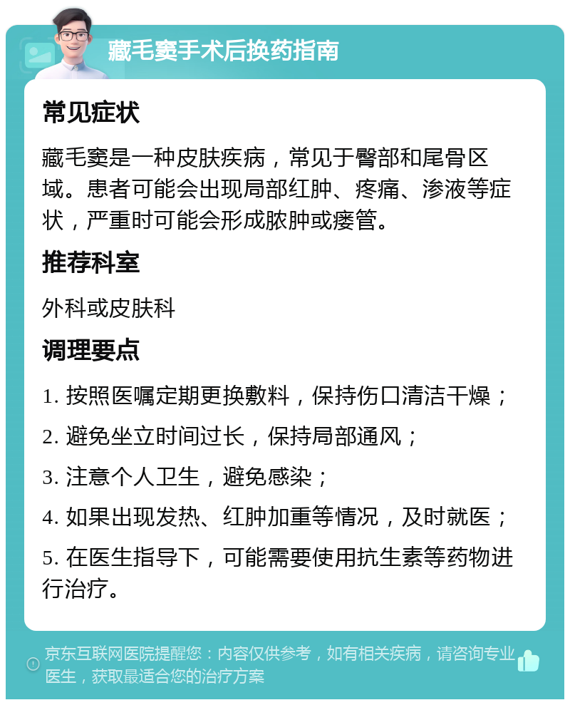 藏毛窦手术后换药指南 常见症状 藏毛窦是一种皮肤疾病，常见于臀部和尾骨区域。患者可能会出现局部红肿、疼痛、渗液等症状，严重时可能会形成脓肿或瘘管。 推荐科室 外科或皮肤科 调理要点 1. 按照医嘱定期更换敷料，保持伤口清洁干燥； 2. 避免坐立时间过长，保持局部通风； 3. 注意个人卫生，避免感染； 4. 如果出现发热、红肿加重等情况，及时就医； 5. 在医生指导下，可能需要使用抗生素等药物进行治疗。