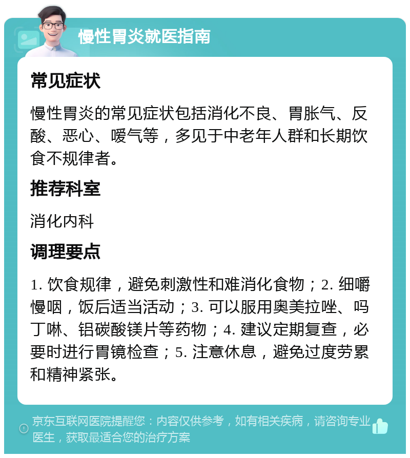 慢性胃炎就医指南 常见症状 慢性胃炎的常见症状包括消化不良、胃胀气、反酸、恶心、嗳气等，多见于中老年人群和长期饮食不规律者。 推荐科室 消化内科 调理要点 1. 饮食规律，避免刺激性和难消化食物；2. 细嚼慢咽，饭后适当活动；3. 可以服用奥美拉唑、吗丁啉、铝碳酸镁片等药物；4. 建议定期复查，必要时进行胃镜检查；5. 注意休息，避免过度劳累和精神紧张。