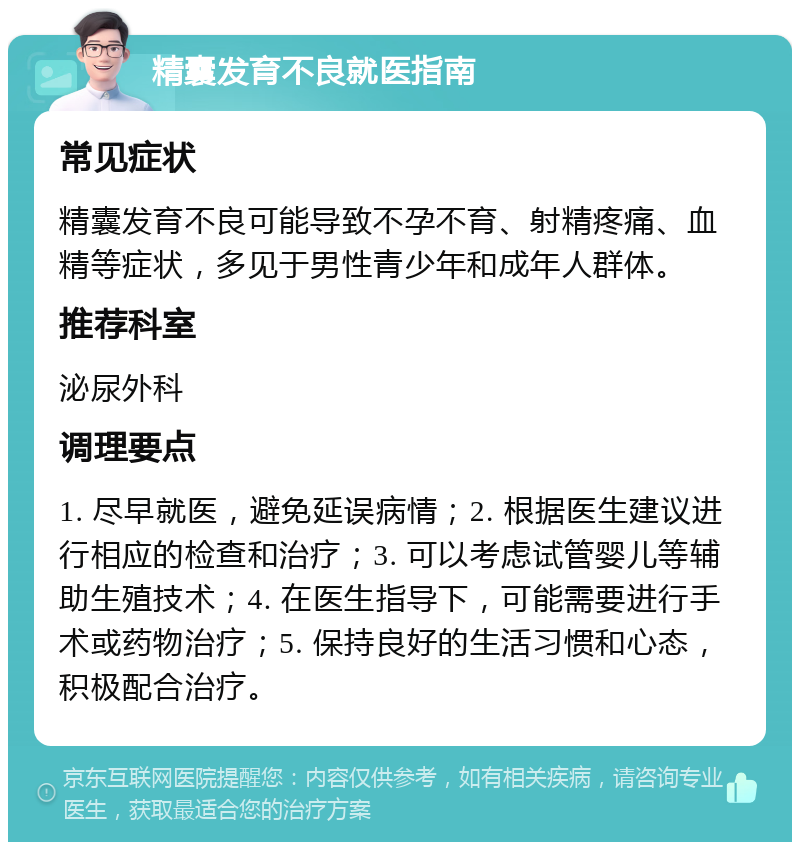 精囊发育不良就医指南 常见症状 精囊发育不良可能导致不孕不育、射精疼痛、血精等症状，多见于男性青少年和成年人群体。 推荐科室 泌尿外科 调理要点 1. 尽早就医，避免延误病情；2. 根据医生建议进行相应的检查和治疗；3. 可以考虑试管婴儿等辅助生殖技术；4. 在医生指导下，可能需要进行手术或药物治疗；5. 保持良好的生活习惯和心态，积极配合治疗。