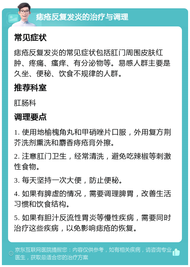 痣疮反复发炎的治疗与调理 常见症状 痣疮反复发炎的常见症状包括肛门周围皮肤红肿、疼痛、瘙痒、有分泌物等。易感人群主要是久坐、便秘、饮食不规律的人群。 推荐科室 肛肠科 调理要点 1. 使用地榆槐角丸和甲硝唑片口服，外用复方荆芥洗剂熏洗和麝香痔疮膏外擦。 2. 注意肛门卫生，经常清洗，避免吃辣椒等刺激性食物。 3. 每天坚持一次大便，防止便秘。 4. 如果有脾虚的情况，需要调理脾胃，改善生活习惯和饮食结构。 5. 如果有胆汁反流性胃炎等慢性疾病，需要同时治疗这些疾病，以免影响痣疮的恢复。