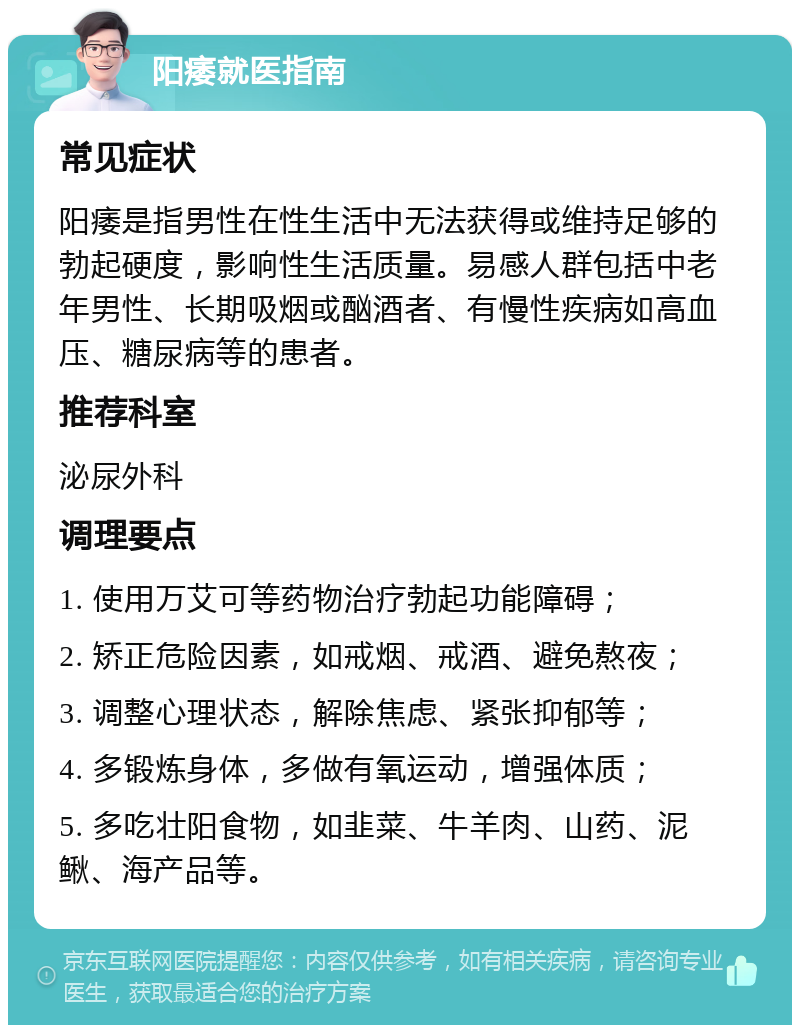 阳痿就医指南 常见症状 阳痿是指男性在性生活中无法获得或维持足够的勃起硬度，影响性生活质量。易感人群包括中老年男性、长期吸烟或酗酒者、有慢性疾病如高血压、糖尿病等的患者。 推荐科室 泌尿外科 调理要点 1. 使用万艾可等药物治疗勃起功能障碍； 2. 矫正危险因素，如戒烟、戒酒、避免熬夜； 3. 调整心理状态，解除焦虑、紧张抑郁等； 4. 多锻炼身体，多做有氧运动，增强体质； 5. 多吃壮阳食物，如韭菜、牛羊肉、山药、泥鳅、海产品等。