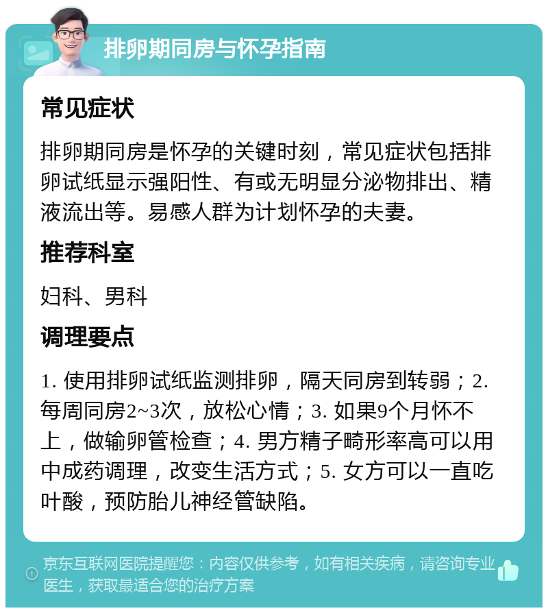 排卵期同房与怀孕指南 常见症状 排卵期同房是怀孕的关键时刻，常见症状包括排卵试纸显示强阳性、有或无明显分泌物排出、精液流出等。易感人群为计划怀孕的夫妻。 推荐科室 妇科、男科 调理要点 1. 使用排卵试纸监测排卵，隔天同房到转弱；2. 每周同房2~3次，放松心情；3. 如果9个月怀不上，做输卵管检查；4. 男方精子畸形率高可以用中成药调理，改变生活方式；5. 女方可以一直吃叶酸，预防胎儿神经管缺陷。