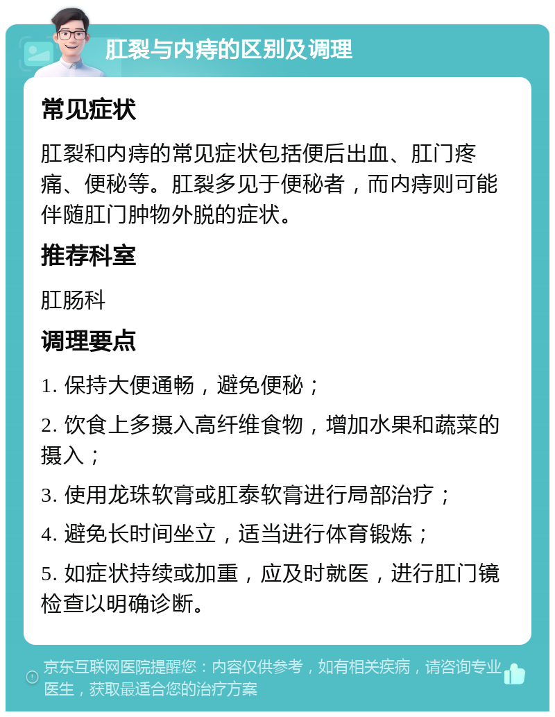 肛裂与内痔的区别及调理 常见症状 肛裂和内痔的常见症状包括便后出血、肛门疼痛、便秘等。肛裂多见于便秘者，而内痔则可能伴随肛门肿物外脱的症状。 推荐科室 肛肠科 调理要点 1. 保持大便通畅，避免便秘； 2. 饮食上多摄入高纤维食物，增加水果和蔬菜的摄入； 3. 使用龙珠软膏或肛泰软膏进行局部治疗； 4. 避免长时间坐立，适当进行体育锻炼； 5. 如症状持续或加重，应及时就医，进行肛门镜检查以明确诊断。