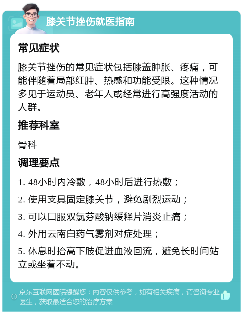 膝关节挫伤就医指南 常见症状 膝关节挫伤的常见症状包括膝盖肿胀、疼痛，可能伴随着局部红肿、热感和功能受限。这种情况多见于运动员、老年人或经常进行高强度活动的人群。 推荐科室 骨科 调理要点 1. 48小时内冷敷，48小时后进行热敷； 2. 使用支具固定膝关节，避免剧烈运动； 3. 可以口服双氯芬酸钠缓释片消炎止痛； 4. 外用云南白药气雾剂对症处理； 5. 休息时抬高下肢促进血液回流，避免长时间站立或坐着不动。