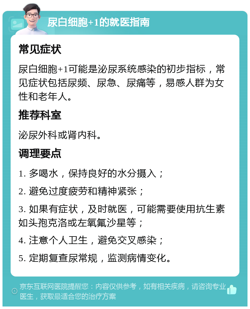 尿白细胞+1的就医指南 常见症状 尿白细胞+1可能是泌尿系统感染的初步指标，常见症状包括尿频、尿急、尿痛等，易感人群为女性和老年人。 推荐科室 泌尿外科或肾内科。 调理要点 1. 多喝水，保持良好的水分摄入； 2. 避免过度疲劳和精神紧张； 3. 如果有症状，及时就医，可能需要使用抗生素如头孢克洛或左氧氟沙星等； 4. 注意个人卫生，避免交叉感染； 5. 定期复查尿常规，监测病情变化。