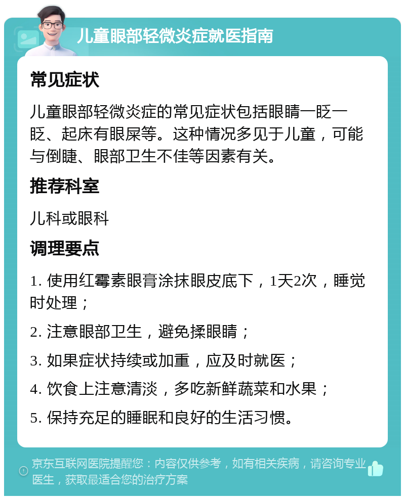 儿童眼部轻微炎症就医指南 常见症状 儿童眼部轻微炎症的常见症状包括眼睛一眨一眨、起床有眼屎等。这种情况多见于儿童，可能与倒睫、眼部卫生不佳等因素有关。 推荐科室 儿科或眼科 调理要点 1. 使用红霉素眼膏涂抹眼皮底下，1天2次，睡觉时处理； 2. 注意眼部卫生，避免揉眼睛； 3. 如果症状持续或加重，应及时就医； 4. 饮食上注意清淡，多吃新鲜蔬菜和水果； 5. 保持充足的睡眠和良好的生活习惯。