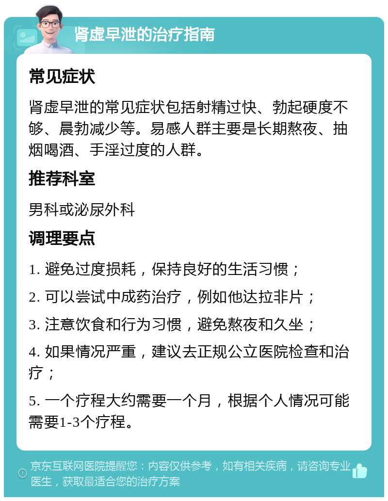 肾虚早泄的治疗指南 常见症状 肾虚早泄的常见症状包括射精过快、勃起硬度不够、晨勃减少等。易感人群主要是长期熬夜、抽烟喝酒、手淫过度的人群。 推荐科室 男科或泌尿外科 调理要点 1. 避免过度损耗，保持良好的生活习惯； 2. 可以尝试中成药治疗，例如他达拉非片； 3. 注意饮食和行为习惯，避免熬夜和久坐； 4. 如果情况严重，建议去正规公立医院检查和治疗； 5. 一个疗程大约需要一个月，根据个人情况可能需要1-3个疗程。