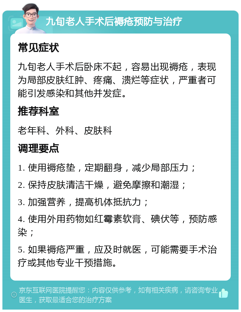 九旬老人手术后褥疮预防与治疗 常见症状 九旬老人手术后卧床不起，容易出现褥疮，表现为局部皮肤红肿、疼痛、溃烂等症状，严重者可能引发感染和其他并发症。 推荐科室 老年科、外科、皮肤科 调理要点 1. 使用褥疮垫，定期翻身，减少局部压力； 2. 保持皮肤清洁干燥，避免摩擦和潮湿； 3. 加强营养，提高机体抵抗力； 4. 使用外用药物如红霉素软膏、碘伏等，预防感染； 5. 如果褥疮严重，应及时就医，可能需要手术治疗或其他专业干预措施。