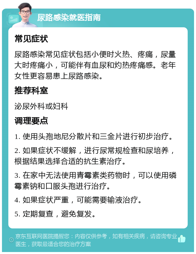 尿路感染就医指南 常见症状 尿路感染常见症状包括小便时火热、疼痛，尿量大时疼痛小，可能伴有血尿和灼热疼痛感。老年女性更容易患上尿路感染。 推荐科室 泌尿外科或妇科 调理要点 1. 使用头孢地尼分散片和三金片进行初步治疗。 2. 如果症状不缓解，进行尿常规检查和尿培养，根据结果选择合适的抗生素治疗。 3. 在家中无法使用青霉素类药物时，可以使用磷霉素钠和口服头孢进行治疗。 4. 如果症状严重，可能需要输液治疗。 5. 定期复查，避免复发。