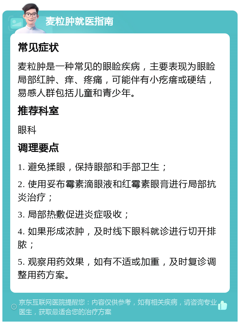 麦粒肿就医指南 常见症状 麦粒肿是一种常见的眼睑疾病，主要表现为眼睑局部红肿、痒、疼痛，可能伴有小疙瘩或硬结，易感人群包括儿童和青少年。 推荐科室 眼科 调理要点 1. 避免揉眼，保持眼部和手部卫生； 2. 使用妥布霉素滴眼液和红霉素眼膏进行局部抗炎治疗； 3. 局部热敷促进炎症吸收； 4. 如果形成浓肿，及时线下眼科就诊进行切开排脓； 5. 观察用药效果，如有不适或加重，及时复诊调整用药方案。