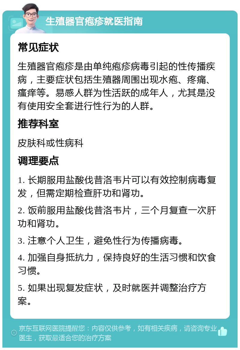 生殖器官疱疹就医指南 常见症状 生殖器官疱疹是由单纯疱疹病毒引起的性传播疾病，主要症状包括生殖器周围出现水疱、疼痛、瘙痒等。易感人群为性活跃的成年人，尤其是没有使用安全套进行性行为的人群。 推荐科室 皮肤科或性病科 调理要点 1. 长期服用盐酸伐昔洛韦片可以有效控制病毒复发，但需定期检查肝功和肾功。 2. 饭前服用盐酸伐昔洛韦片，三个月复查一次肝功和肾功。 3. 注意个人卫生，避免性行为传播病毒。 4. 加强自身抵抗力，保持良好的生活习惯和饮食习惯。 5. 如果出现复发症状，及时就医并调整治疗方案。